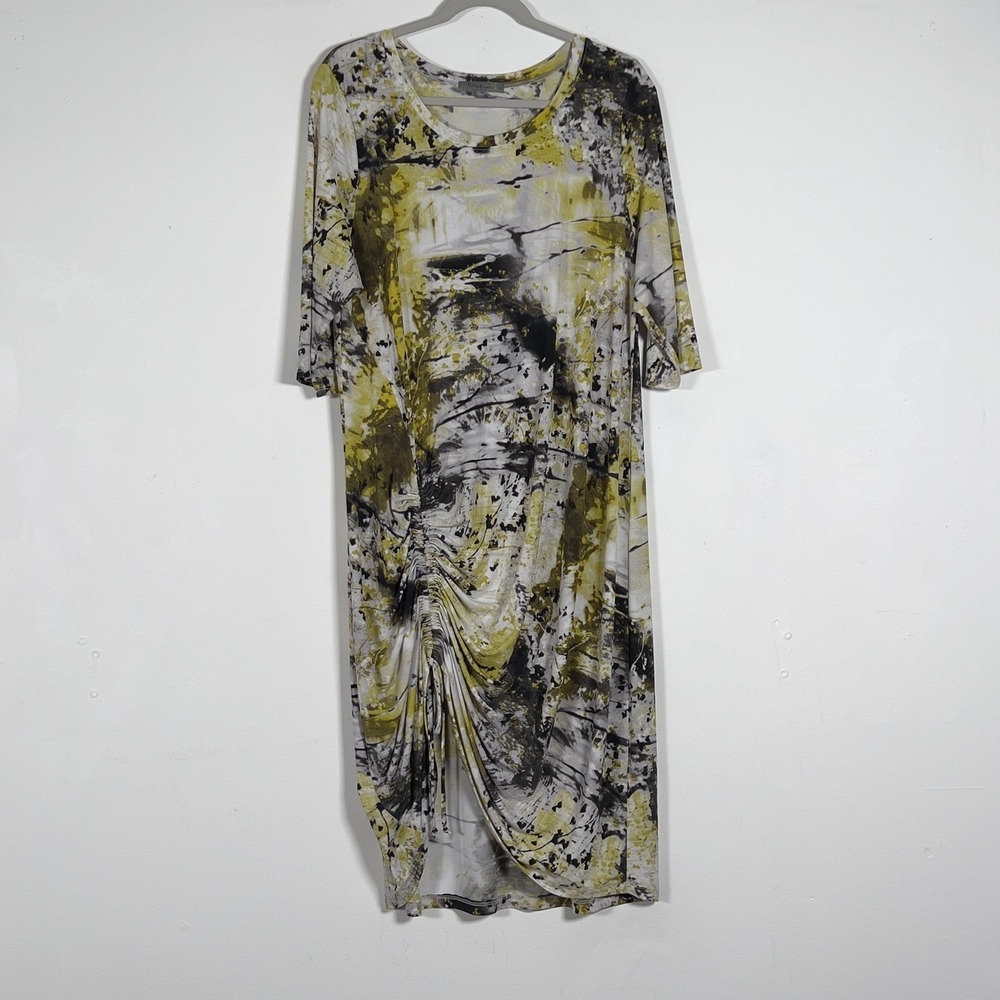 Chalet et Ceci Ruched Side Midi Dress Womens‎ Sz L Yellow Abstract Short Sleeve